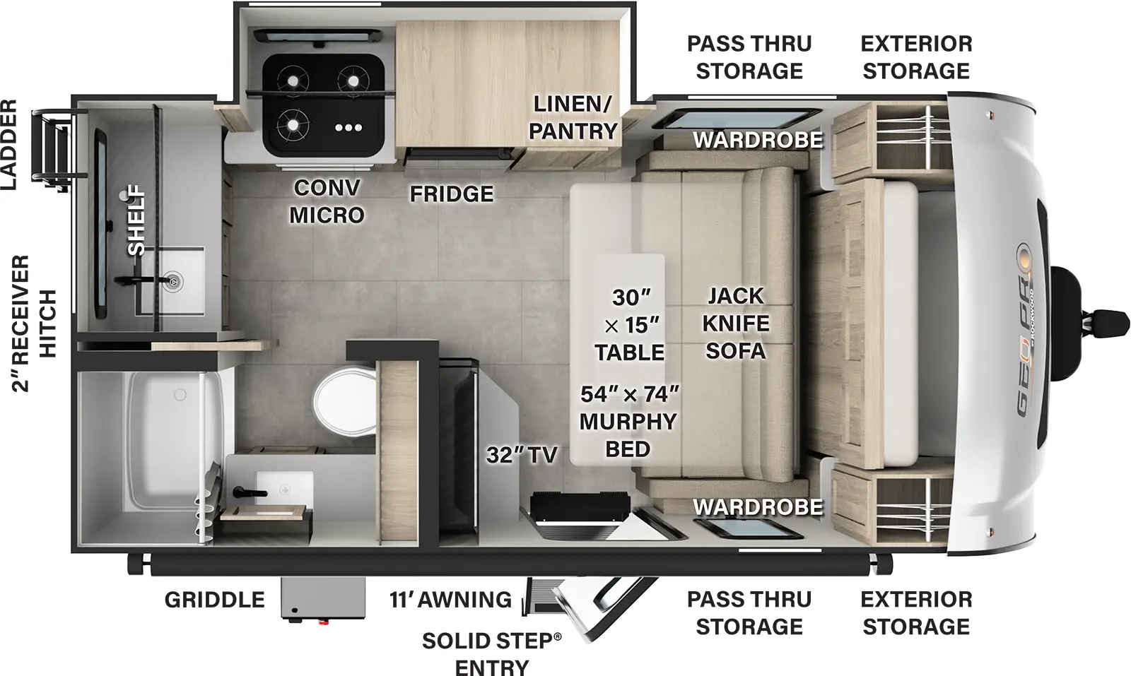 The Rockwood Geo Pro G15FBS has one entry and one slide out. Exterior features include: fiberglass exterior and 11' awning. Interiors features include: murphy bed.